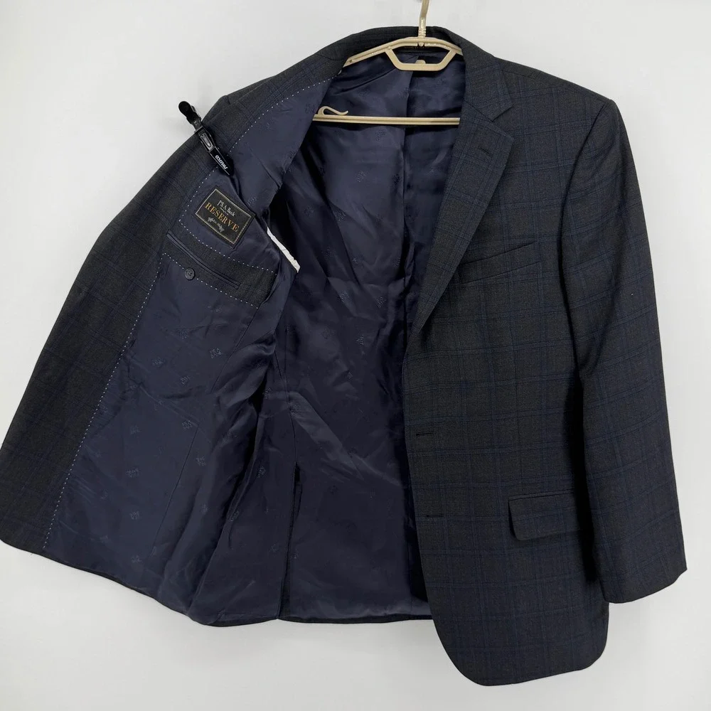Jos. A. Bank Reserve Mens 42 Long Silk Wool Windowpane Blazer Charcoal Grey Blue